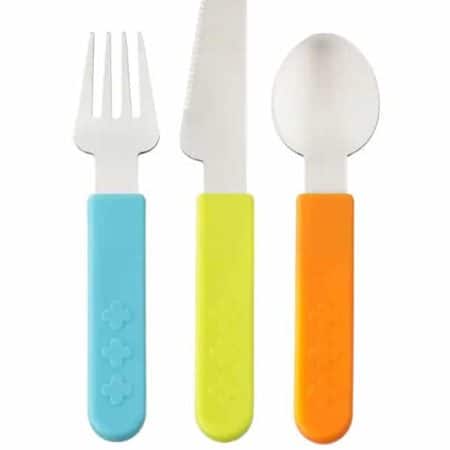 อุปกรณ์อาหารเด็ก - ช้อน ส้อม มีด แสดนเลส สีฟ้า เขียว ส้ม 1 ชุด