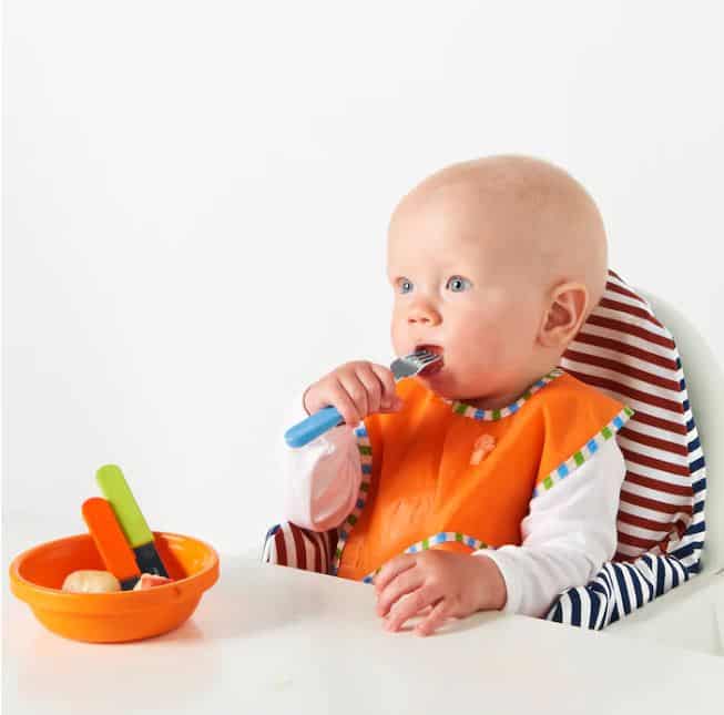 อุปกรณ์อาหารเด็ก - ช้อน ส้อม มีด แสดนเลส สีฟ้า เขียว ส้ม 1 ชุด2